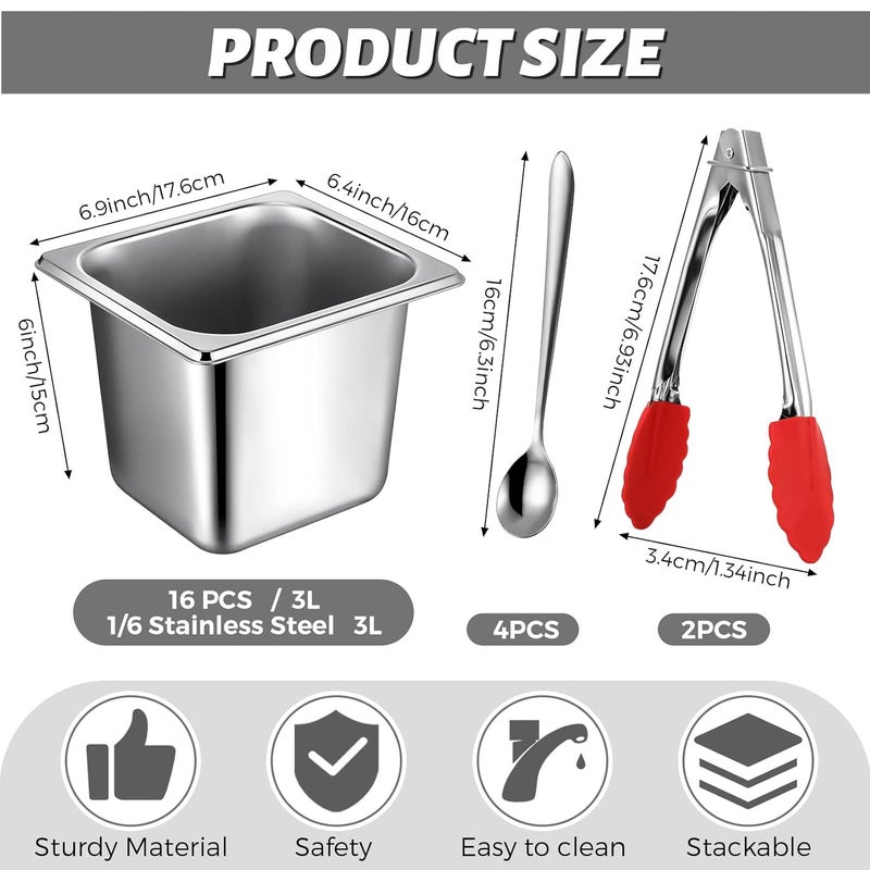 Rtteri 16 Pcs 1/6 Pan 6 Inch Deep Metal Hotel Steam Table Pan Stainless Steel Restaurant Food Prep Tray Buffet Container with 2 Tong and 4 Spoon for Catering Commercial Kitchen Equipment - Image 2