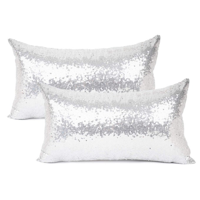 PACK OF 2 NEW LUXURY SERIES SILVER DECORATIVE GLITZY SEQUIN COMFY SATIN SOLID THROW PILLOW COVER CUSHION CASE FOR WEDDINGCHRISTMAS12 X 20