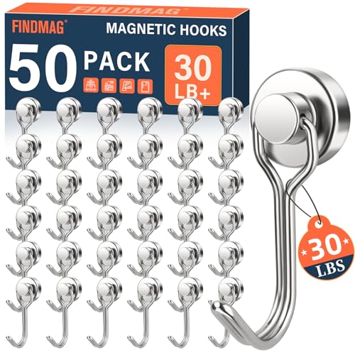 FINDMAG 50 Pack Magnetic Hooks 30 LB Magnet Hooks for Refrigerator Strong Neodymium Magnets with Hooks Magnetic Hooks Heavy Duty for Cruise Kitchen Classroom Beach Essentials Silver - Image 1