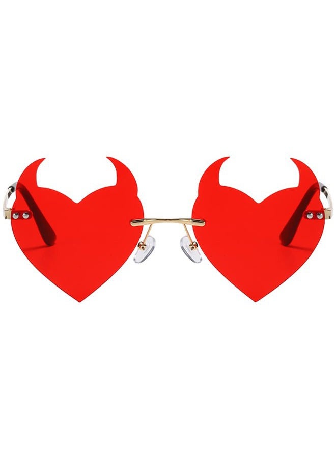 Junsika Rimless Devil Heart Sunglasses for Women Trendy Novelty Halloween Party Demon Horns Red Sunglasses UV400 Protection - Image 2