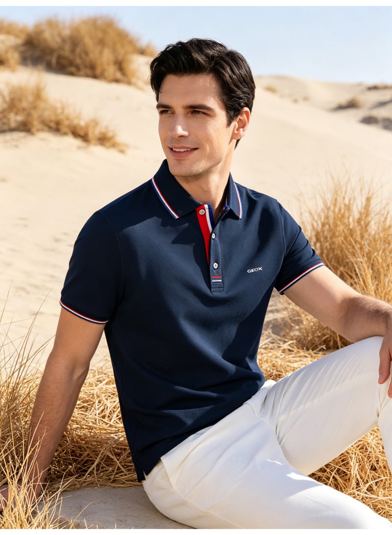 GEOX Unisex Short Sleeve Collar Polo Shirt, Contrast Striped Cuff & Collar, Casual Daily Wear, Navy Blue - Image 5