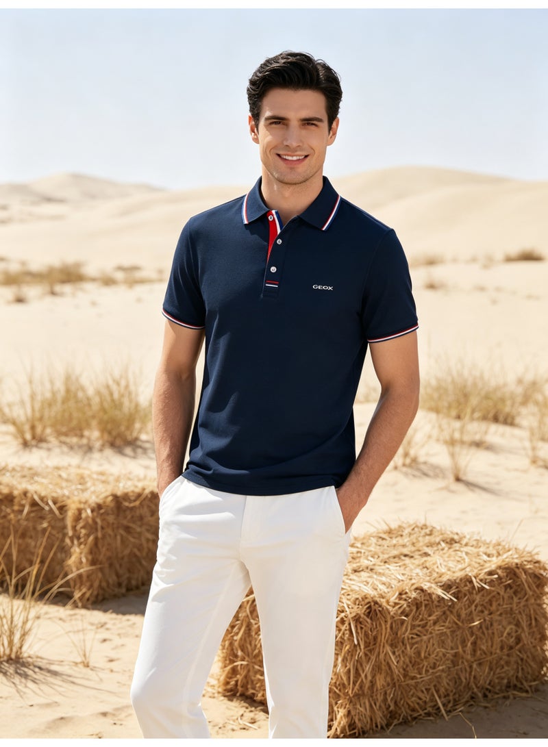 GEOX Unisex Short Sleeve Collar Polo Shirt, Contrast Striped Cuff & Collar, Casual Daily Wear, Navy Blue - Image 4