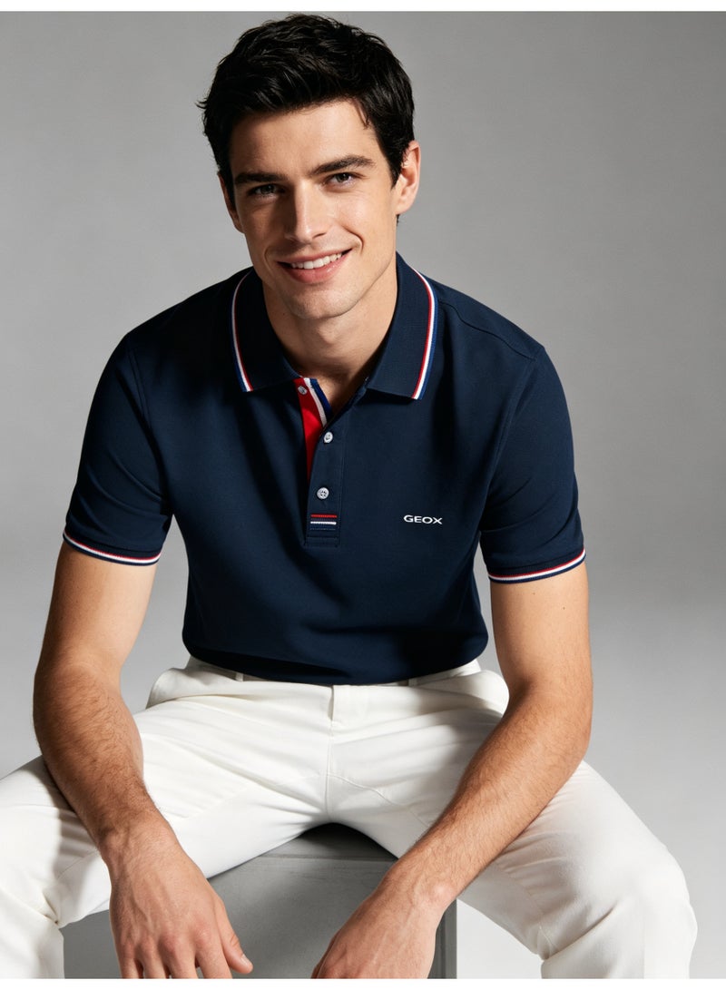 GEOX Unisex Short Sleeve Collar Polo Shirt, Contrast Striped Cuff & Collar, Casual Daily Wear, Navy Blue - Image 1