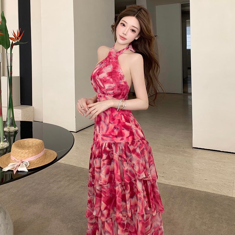 Women's Halter Neck Tie-Dye High Waist Long Maxi Beach Dress - Image 4