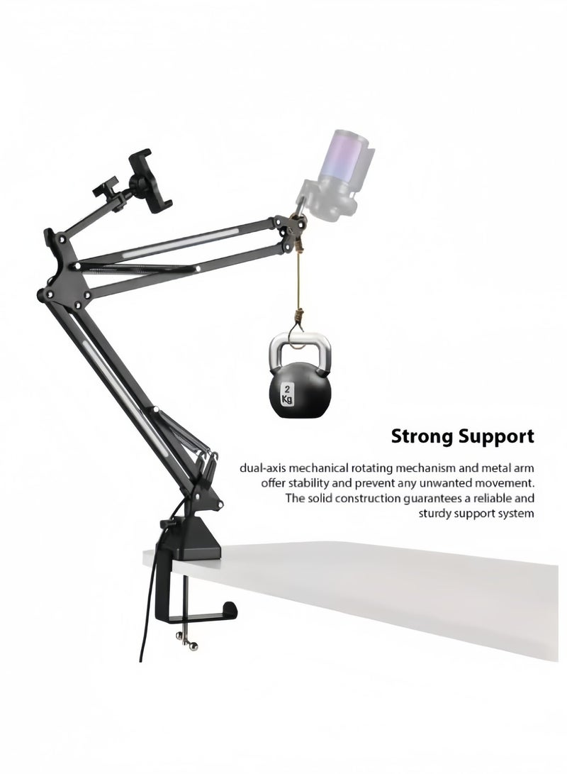 Sisily Microphone Stand with Mobile Phone Holder-Microphone Boom Arm Stand with Phone Holder – Adjustable Folding Desk Mount Mic & Phone Dual Clamp for Streaming & Recording - Image 2