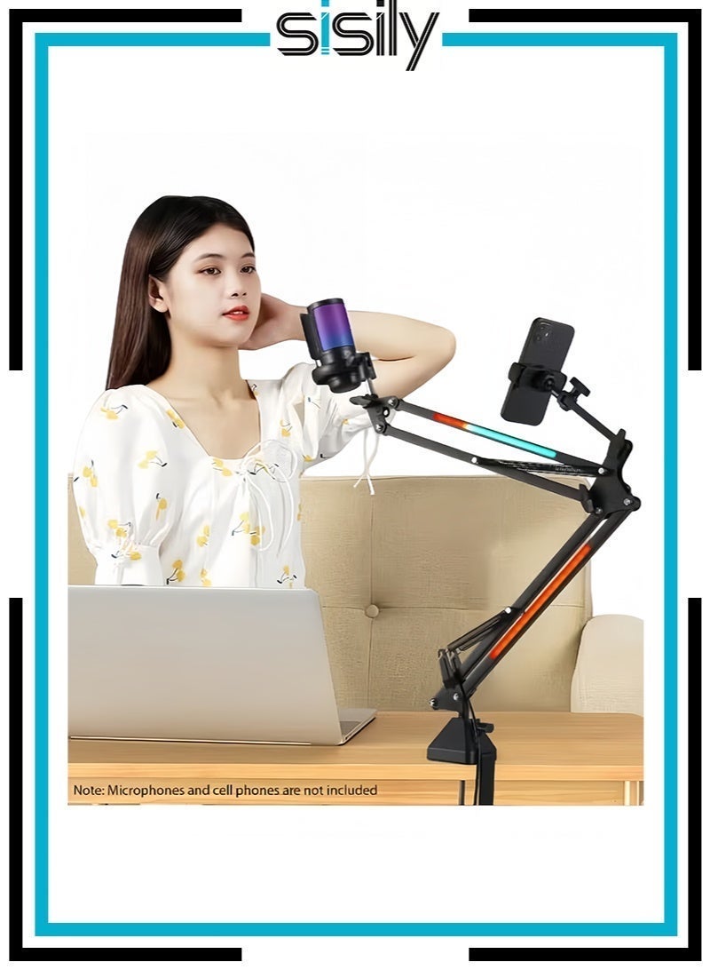 Sisily Microphone Stand with Mobile Phone Holder-Microphone Boom Arm Stand with Phone Holder – Adjustable Folding Desk Mount Mic & Phone Dual Clamp for Streaming & Recording - Image 1