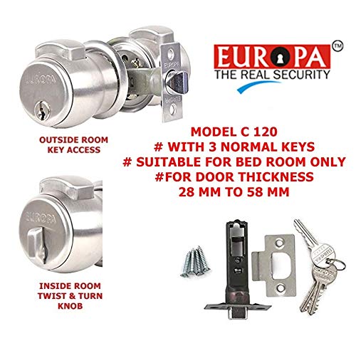 Europa Feather Touch Press Button Cylindrical Lock C120SS with 3 Normal Keys, Only for Bed Room Satin, Silver - Image 2