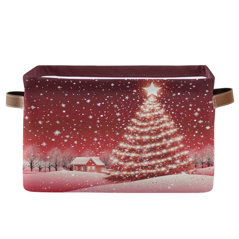 Wamika Christmas Tree Red Storage Basket with Waterproof Liner and PU Handles Xmas Winter Snow Scene Storage Bins Boxes 142 Collapsible Decorative Organizer Baskets for Bedroom Closet Office 1 Pack - Image 2