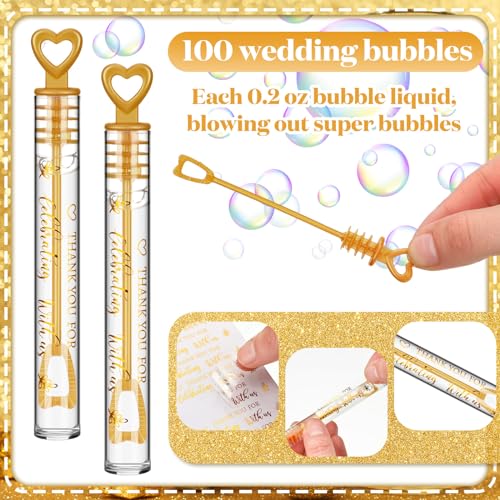 Shappy 100 Pcs Wedding Bubble Bulk Wedding Party Favors Bubble Wand for Guests Send Off with Stickers for Bridal Shower Anniversaries Celebration Goody Bag Stuffers Filler (Gold Heart) - Image 3