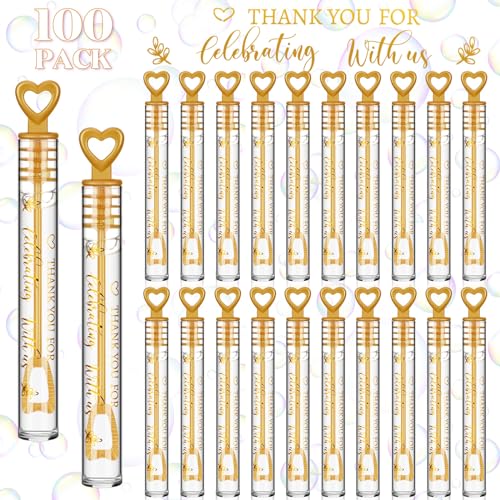 Shappy 100 Pcs Wedding Bubble Bulk Wedding Party Favors Bubble Wand for Guests Send Off with Stickers for Bridal Shower Anniversaries Celebration Goody Bag Stuffers Filler (Gold Heart) - Image 1