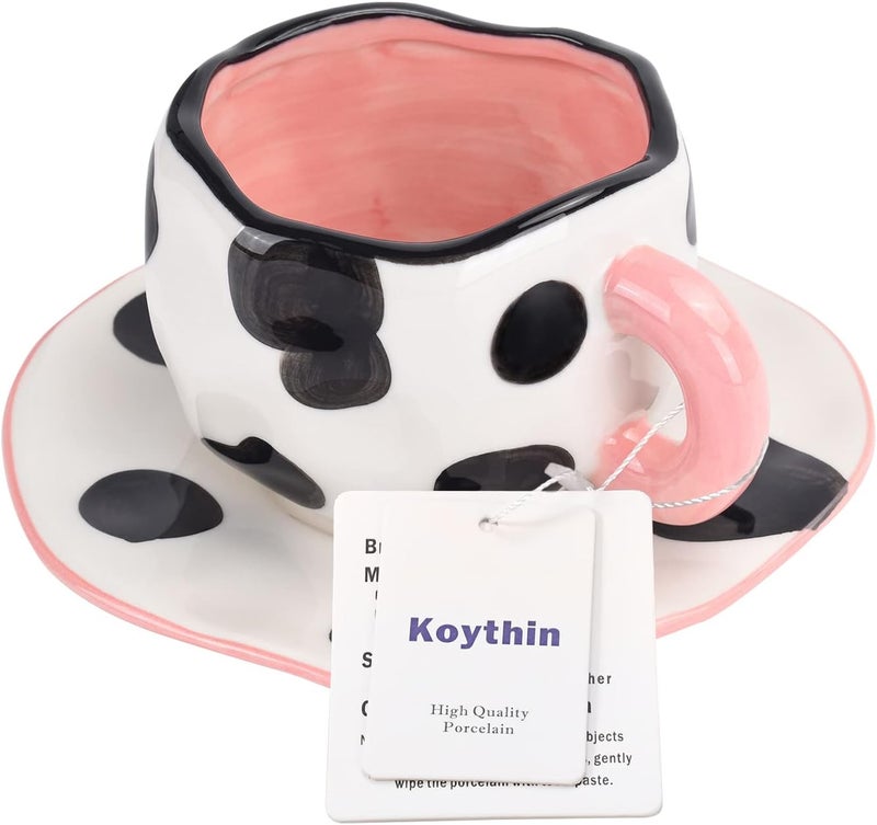 Koythin Cow Mug, Ceramic Coffee Mug with Saucer Set, Cute Cup Unique Irregular Design for Office and Home, Dishwasher and Microwave Safe, 10oz/300ml for Latte Tea Milk (Small Cow) - Image 3