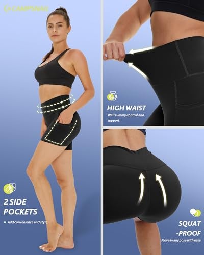 CAMPSNAIL شورتات دراجات نسائية من كامب سنيل - عبوة 4 قطع مع جيوب - 5"/8" خصر عالي للتحكم في البطن، شورتات ضغط للتمارين الرياضية، اليوغا، الجري - Image 2