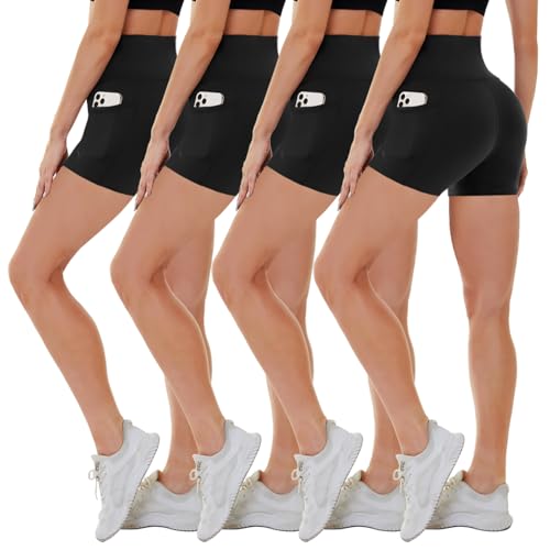 CAMPSNAIL شورتات دراجات نسائية من كامب سنيل - عبوة 4 قطع مع جيوب - 5"/8" خصر عالي للتحكم في البطن، شورتات ضغط للتمارين الرياضية، اليوغا، الجري - Image 1