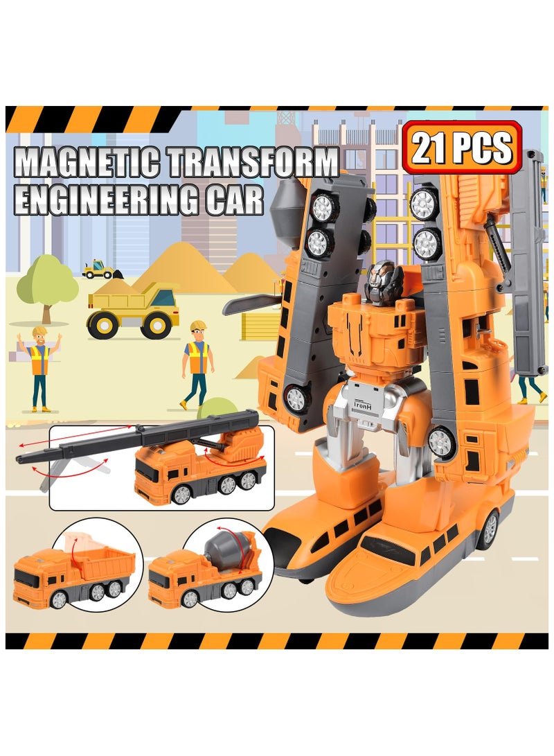 SOLARAE Magnetic Transformers Engineering Car Toys, 21pcs Magnetic Car Toys, Magnetic Building Blocks Tiles, Transformer Robot Car Toy, Transformer Magnetic Robot Toy Gifts for Boys Girls Kids Ages 3+ - Image 3