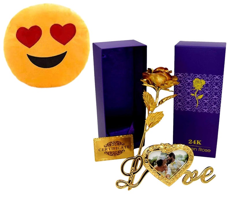 INTERNATIONAL GIFT INTERNATIONAL GIFT Golden Rose Flower 25 cm with Photo Frame Love Stand with Luxury Box and Carry Bag with Emoji Heart Smiley PillowCushions
