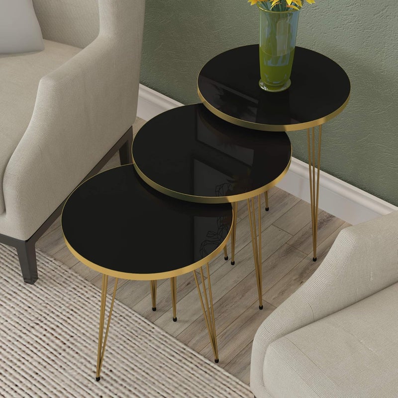 PAK HOME PAK Set of 3 HIGH Gloss Nesting End Tables - Home Round Wood Stacking Coffee Side Accent Tables with Metal Legs for Living Room, Home Office, Nightstands for Bedroom, Sturdy Easy Assembly, Black/Gold - Image 4