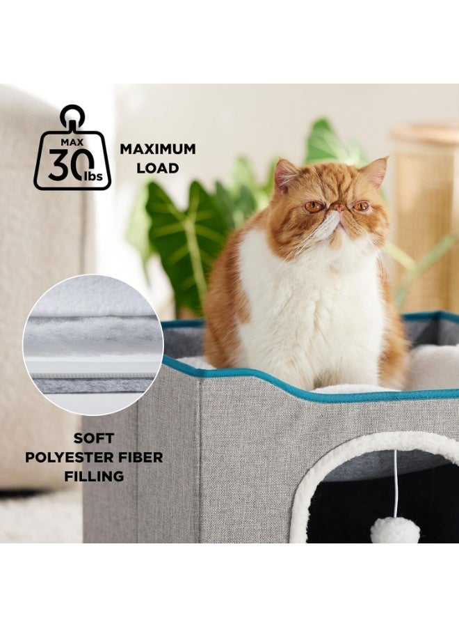 " بيت قطط للقطط المنزلية - سرير قطط كبير بملحق كرة محشوة ولوح خدش، مخبأ قطط قابل للطي مقاس 42 × 42 × 33 سم، رمادي - سرير قطط  " - Image 2