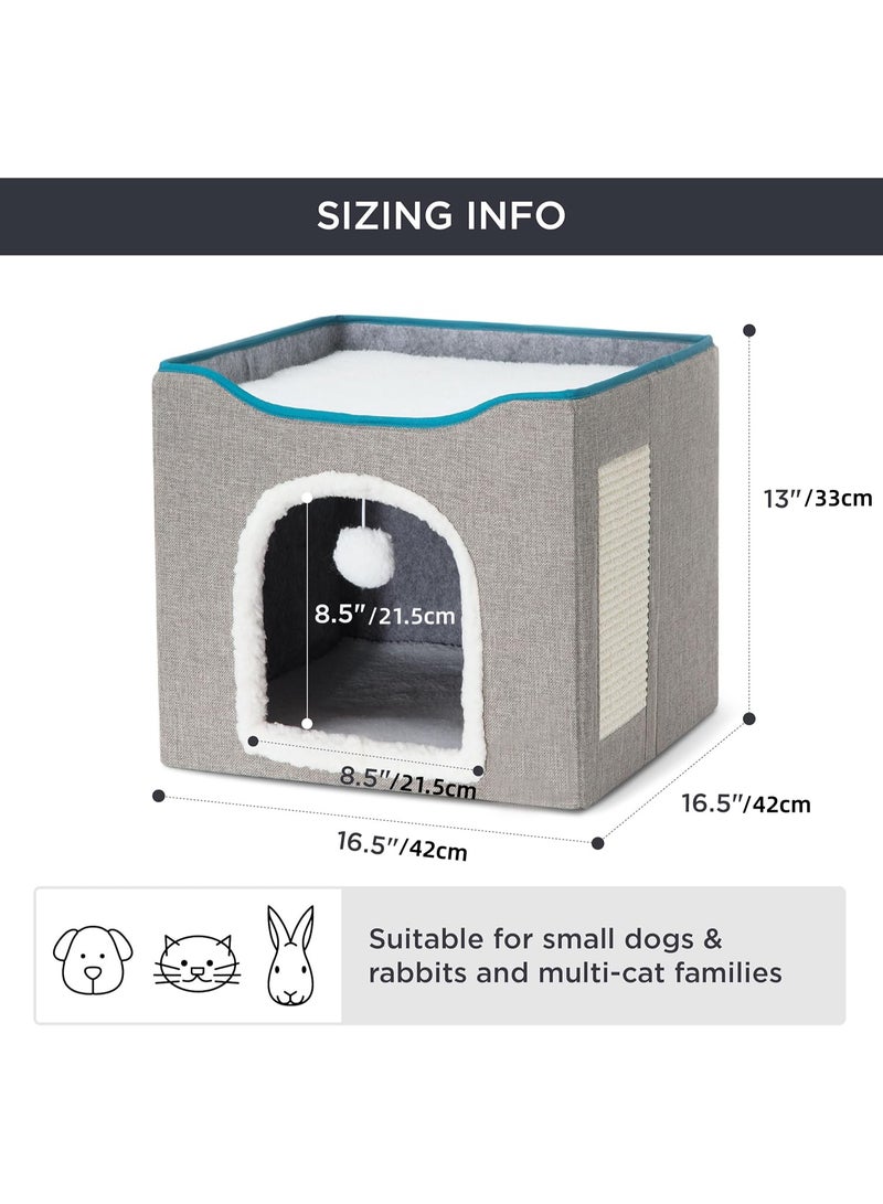 " بيت قطط للقطط المنزلية - سرير قطط كبير بملحق كرة محشوة ولوح خدش، مخبأ قطط قابل للطي مقاس 42 × 42 × 33 سم، رمادي - سرير قطط  " - Image 5