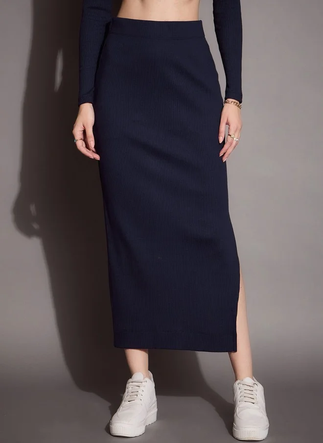 SASSAFRAS Navy Blue Ribbed Pencil Midi Skirt for Women