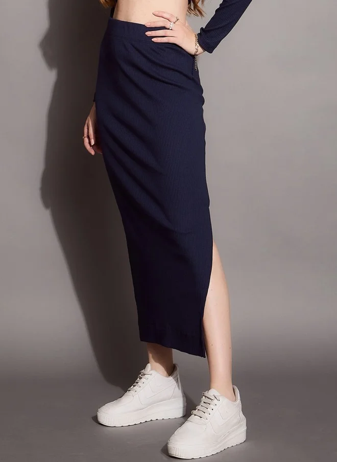 SASSAFRAS Navy Blue Ribbed Pencil Midi Skirt for Women