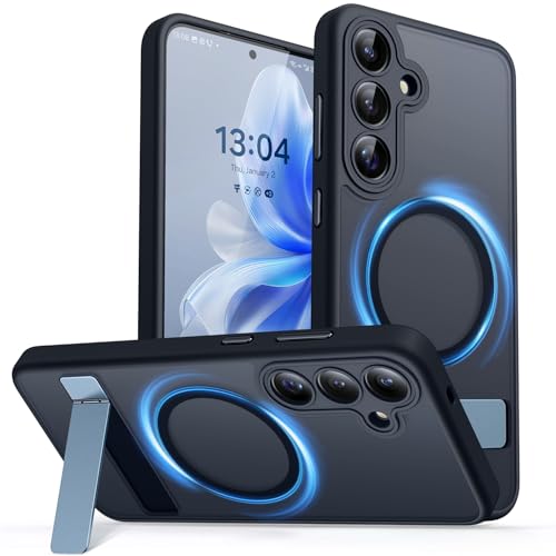 CANSHN Strong Magnetic Seamless Stand Designed for Samsung Galaxy S25 Plus Case 2025 Adjustable Kickstand Compatible with Magsafe Translucent Matte Back Black - Image 1