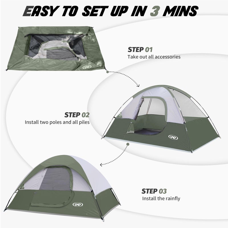 Unp Camping Tent 2 Person, Waterproof Windproof Tent with Rainfly Easy Set up-Portable Dome Tents for Camping (Light Green) - Image 3