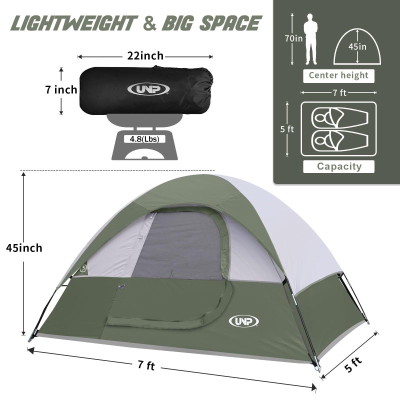 Unp Camping Tent 2 Person, Waterproof Windproof Tent with Rainfly Easy Set up-Portable Dome Tents for Camping (Light Green) - Image 2