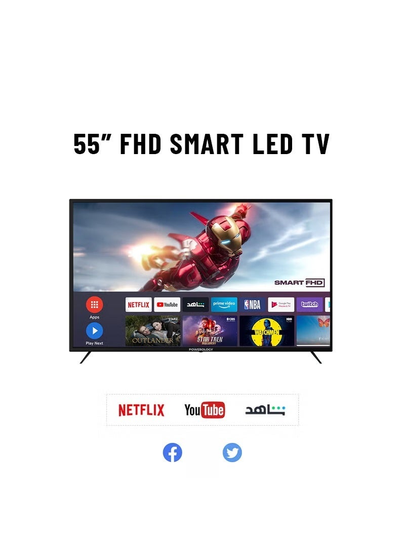 باورولوجي تلفزيون ذكيFHD 4K بحجم 55 بوصة مع شاشة مضادة للكسر بنظام أندرويد وحافة رقيقة جدًا وزجاج مقوى من الدرجة الجوية، واي فاي، بلوتوث، مكبر صوت 10 واط، أندرويد 11، تطبيقات أندرويد للألعاب والبث، بث الأقمار الصناعية الرقمي، عرض UHD كامل الزوايا بدقة 4K، تلفزيون ذكي بدقة عالية للترفيه المنزلي - Image 1