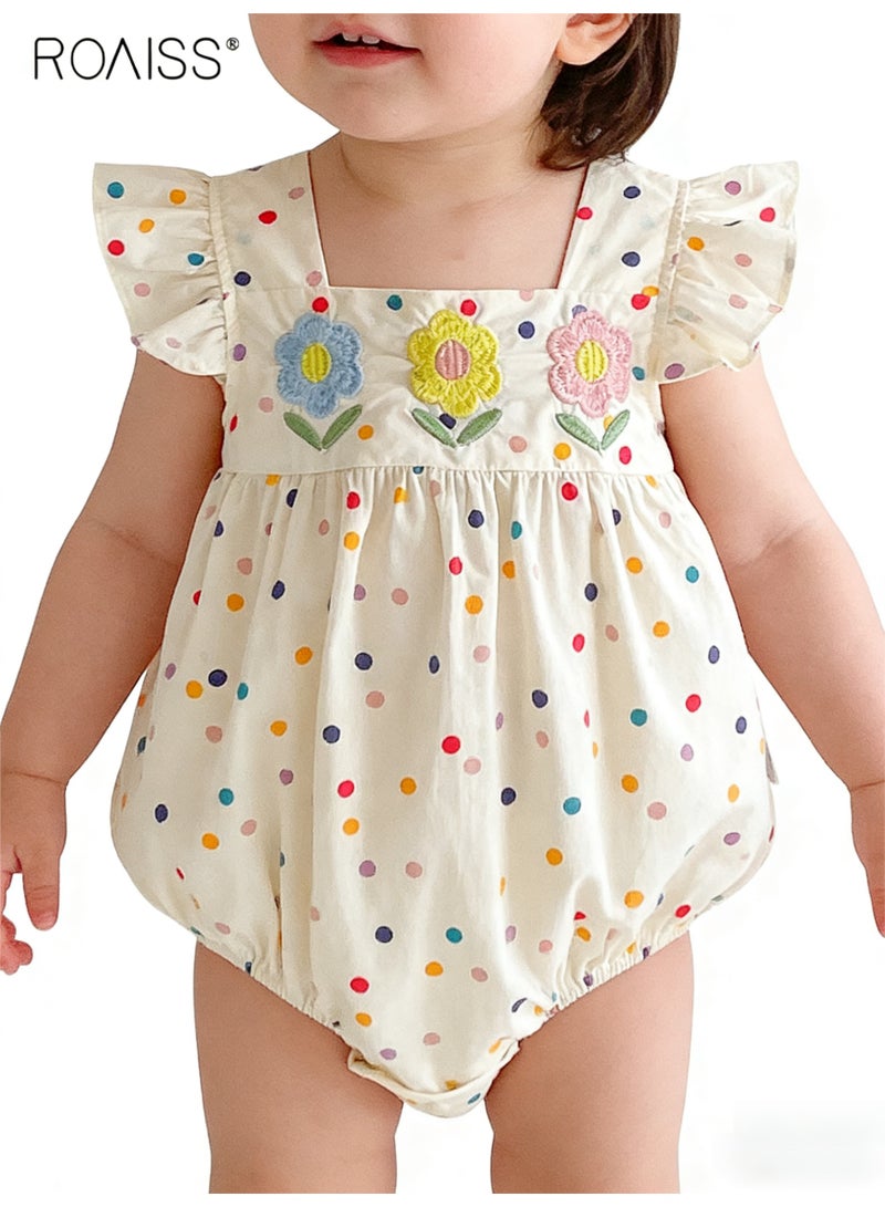 roaiss Baby Girls Playsuit with Back Buttons, Adorable Skin-friendly Bodysuit with Colored Polka Dots, Ruffle Sleeve Jumpsuit for Baby Girls, Newborn Summer Clothes, Easy to Wear and Change Diapers - Image 1