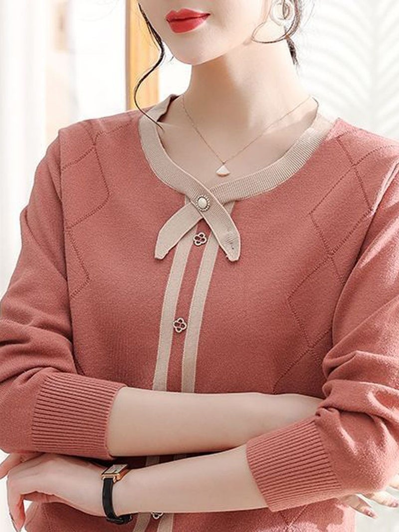 YUNIQEE سويت شيرت بولوفر كاجوال بأكمام طويلة وياقة دائرية باللون الوردي - Image 2