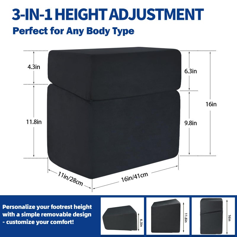 Drounphi Adjustable Foot Rest for Under Desk at Work - 3-in-1 Ergonomic Foot Stool with Zipper Connection, 6.3"/11.8"/16" Height Adjustable for Office, Home & Gaming (Black) - Image 2