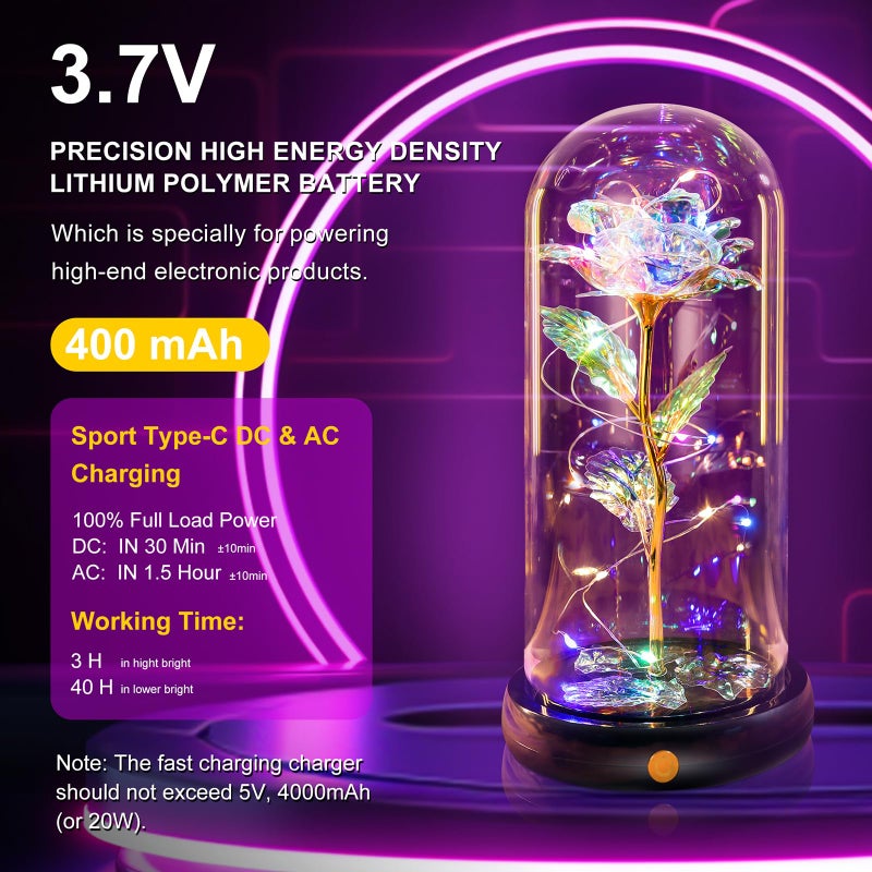 Pusuny Christmas Rose Gifts For Women Mom  Rechargeable Galaxy Glass Rose Light Up Roses In Glass Dome Enchanted Crystal Flower Gift Anniversary Birthday Xmas Gifts For Women Mom Her Wife Grandma Rainbow - Image 2