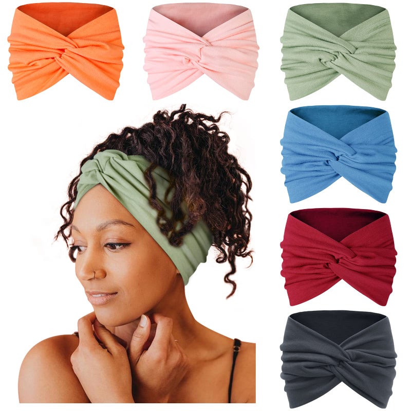 Tobeffect Wide Headbands for Women 7 Extra Large Turban Headband Boho Cloth Hairband Colorful Hair Twisted Knot Accessories 6 Pack