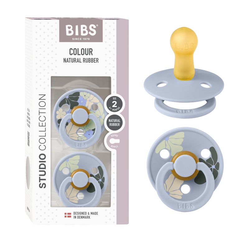 BIBS Pacifiers - Studio 2 Pack | Round Nipple Baby Pacifier | BPA Free Natural Rubber Latex Soother | Made in Denmark | Size 0+ Months | Morning Bloom Dusty Blue - Image 1