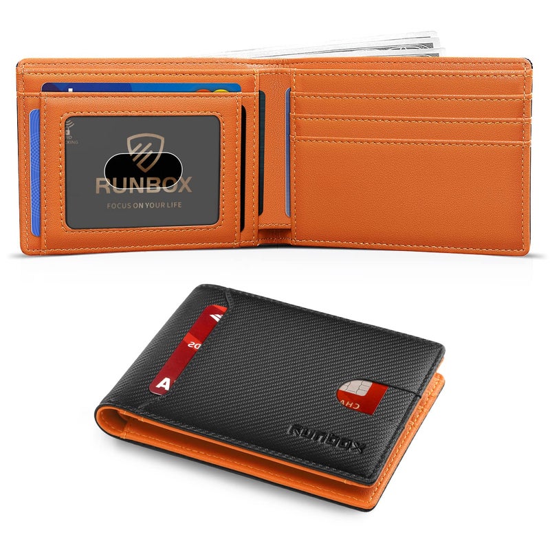 RUNBOX Slim Wallet for Men Bifold Minimalist Leather RFID Blocking with Gift Box Carbon Black and Plaid - Image 1