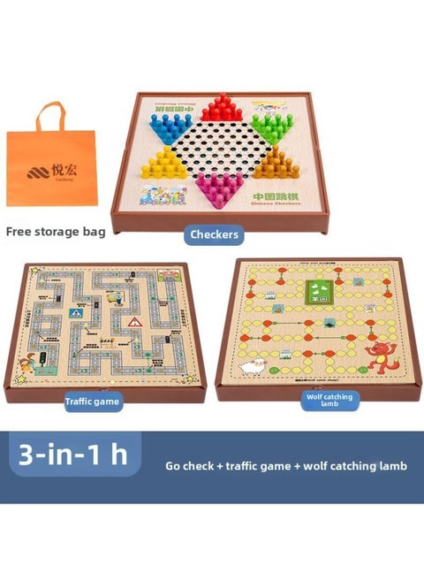 Multi-functional One Chessboard Flying Chess Checkers Backgammon Go Card Beasts Chess Children's Toys Foreign Trade-Color:Three-in-one [large Size] Checkers + Traffic Chess + Wolf Catching Sheep