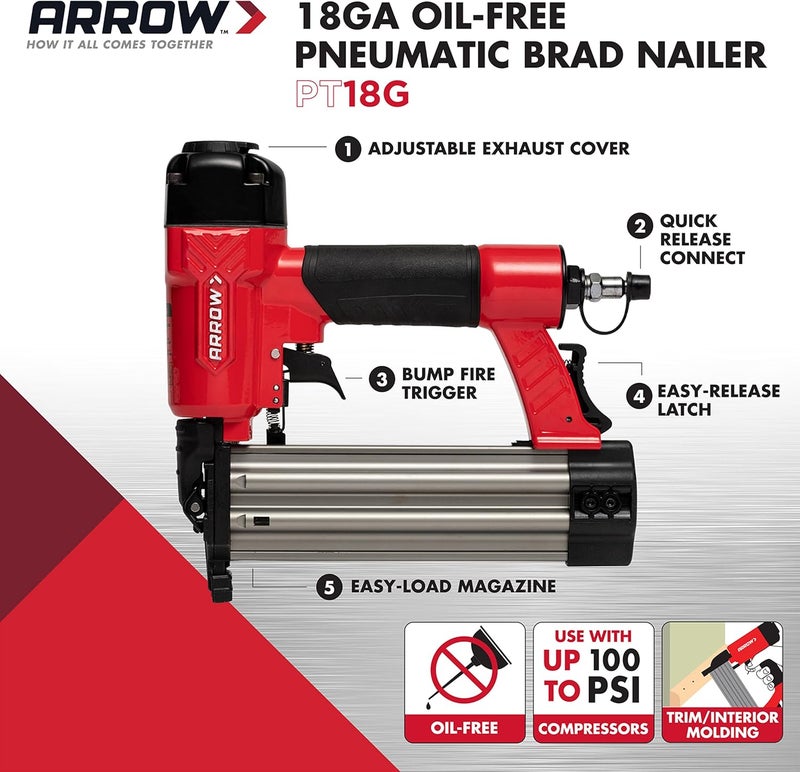 Arrow Fastener مسدس دبابيس هوائي بدون زيت Arrow PT18G - للعمل في الزخارف الداخلية والتشطيبات الصغيرة، يعمل حتى 100psi وحدة ضغط، يناسب دبابيس 5/8"، 3/4"، 1"، 1.5"، 2" - Image 2