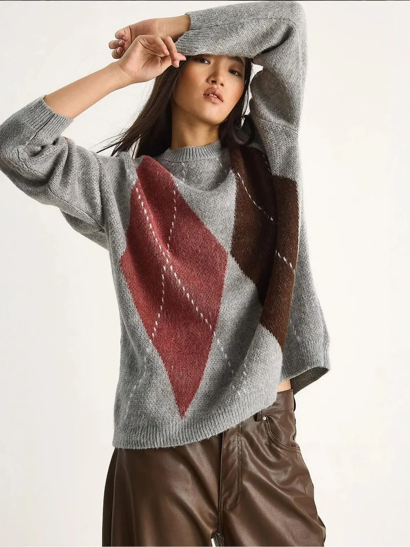 Bianco Lucci LUCCI Oversized Diamond Printed Sweater