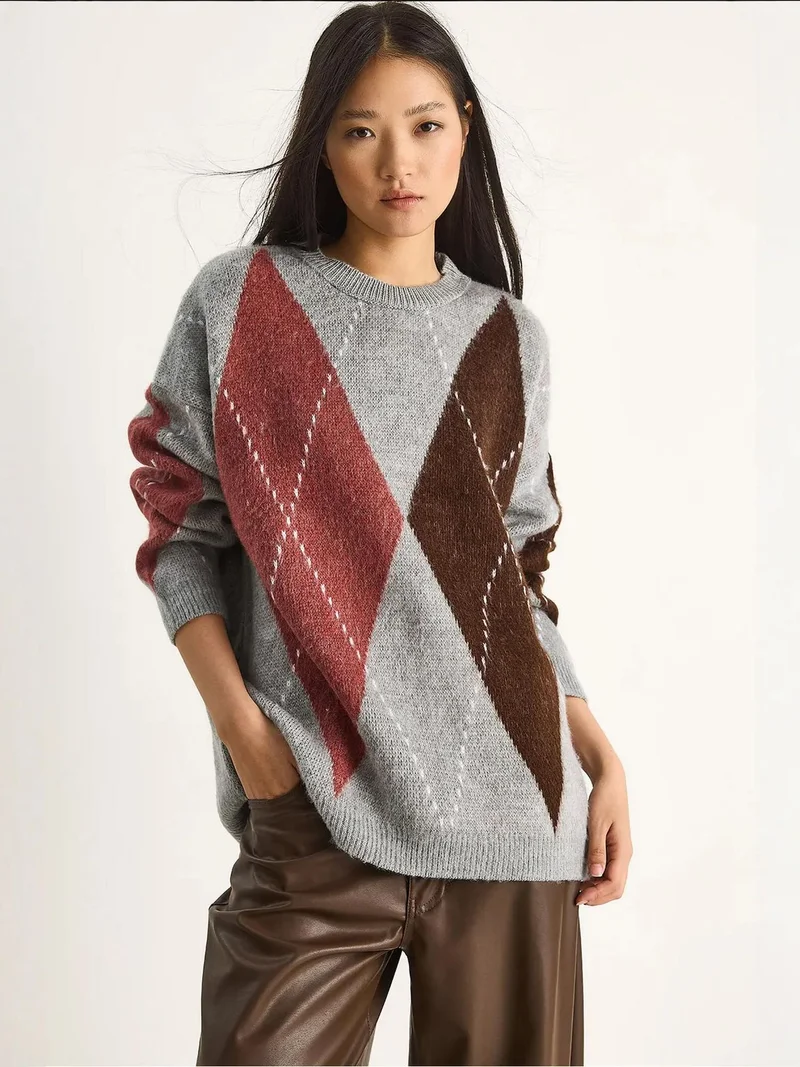 Bianco Lucci LUCCI Oversized Diamond Printed Sweater