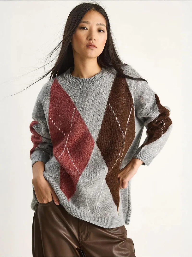 Bianco Lucci LUCCI Oversized Diamond Printed Sweater