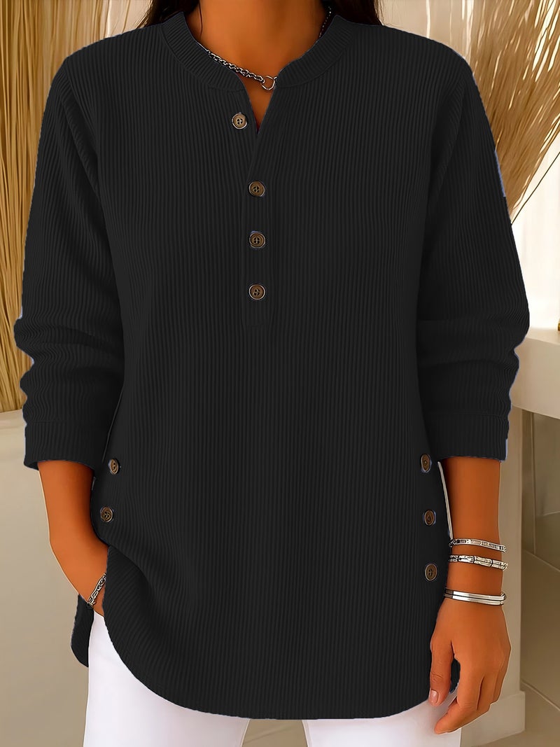 2025 وخريف وشتاء جديد كوردوروي لون صلب فضفاض غير رسمي V-Neck زر طويل الأكمام النساء قميص أعلى - Image 1