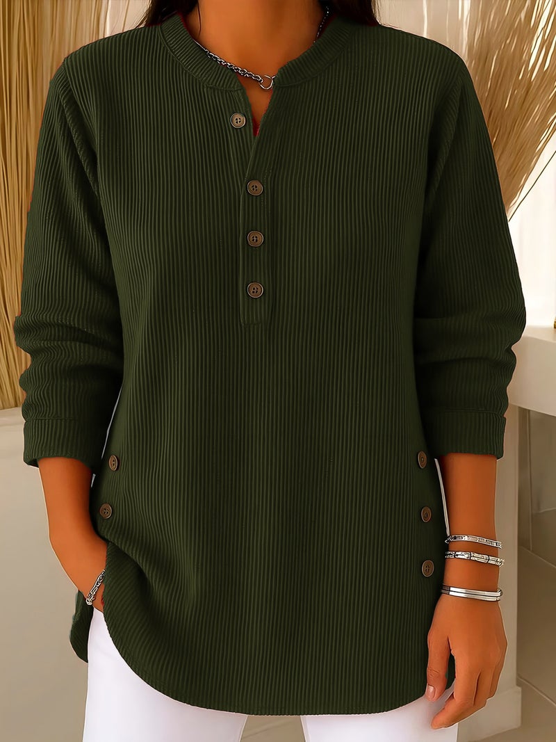 2025 وخريف وشتاء جديد كوردوروي لون صلب فضفاض غير رسمي V-Neck زر طويل الأكمام النساء قميص أعلى - Image 5