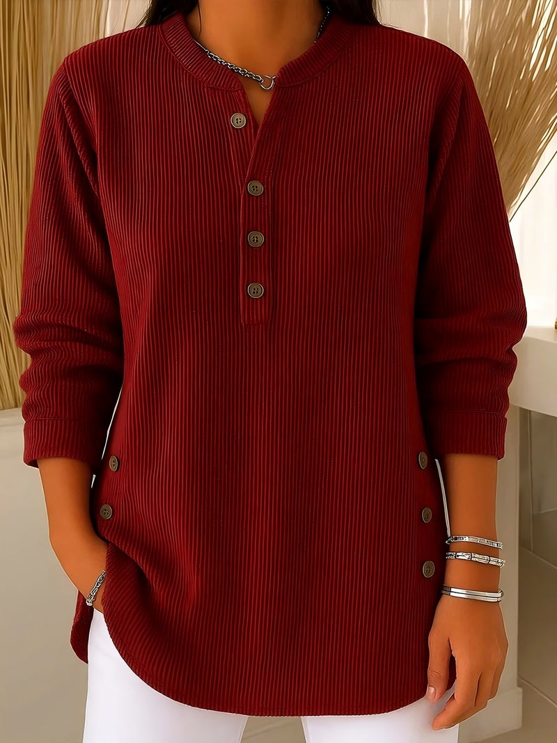 2025 وخريف وشتاء جديد كوردوروي لون صلب فضفاض غير رسمي V-Neck زر طويل الأكمام النساء قميص أعلى - Image 2