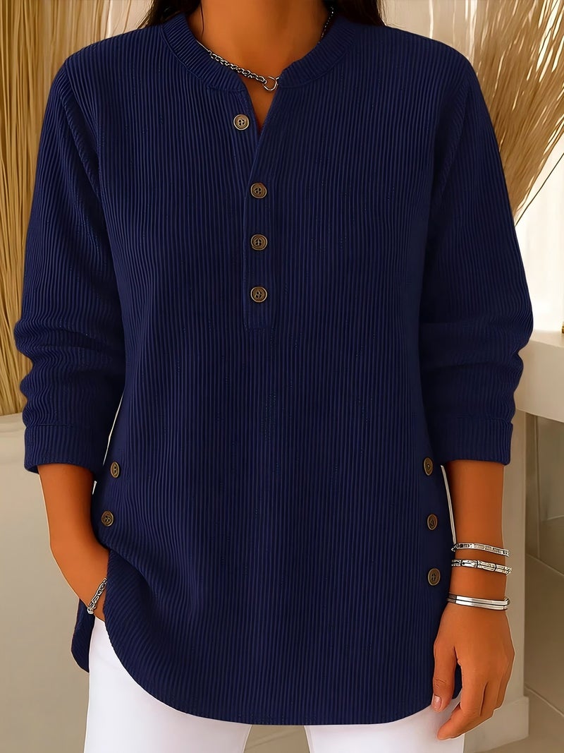 2025 وخريف وشتاء جديد كوردوروي لون صلب فضفاض غير رسمي V-Neck زر طويل الأكمام النساء قميص أعلى - Image 3