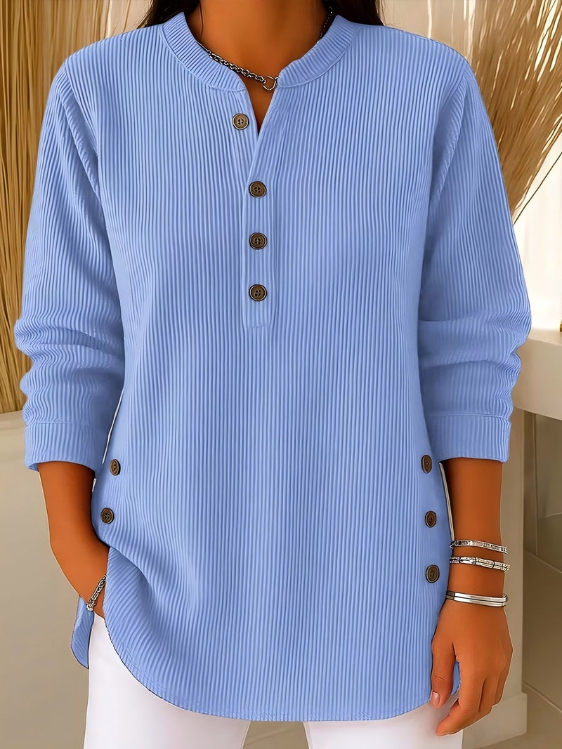 2025 وخريف وشتاء جديد كوردوروي لون صلب فضفاض غير رسمي V-Neck زر طويل الأكمام النساء قميص أعلى - Image 4