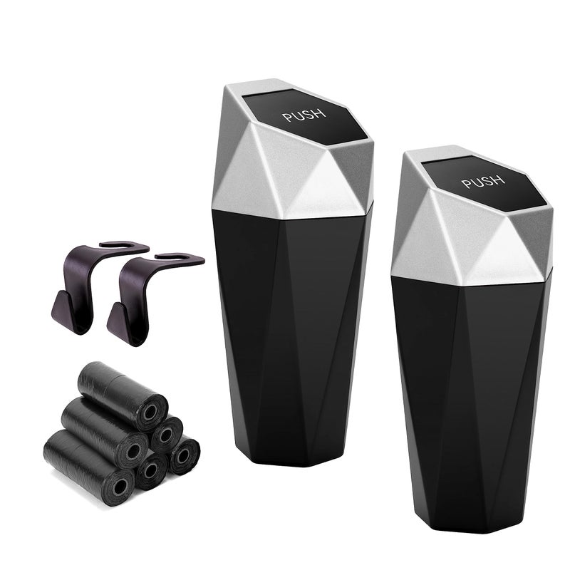 Ginsco Car Trash Can Cup Holder, 2 Pack Mini Car Trash Can with Lid, Car Accessories for Interior, Leakproof Small Trash Cup for Car, Home with Additional 2 ABS Hooks and 90pcs Trash Bags Silver - Image 1