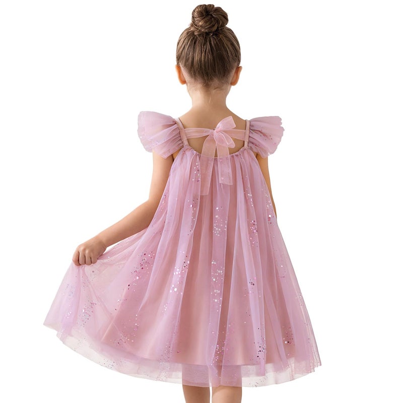 NNJXD Flower Girl Princess Dress Sparkle Dots Tulle Summer Casual Wear 1954 Pink Size(120) 4-5 Years - Image 1