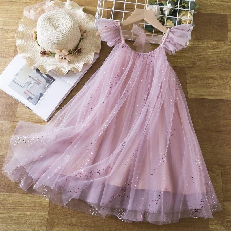 NNJXD Flower Girl Princess Dress Sparkle Dots Tulle Summer Casual Wear 1954 Pink Size(120) 4-5 Years - Image 2