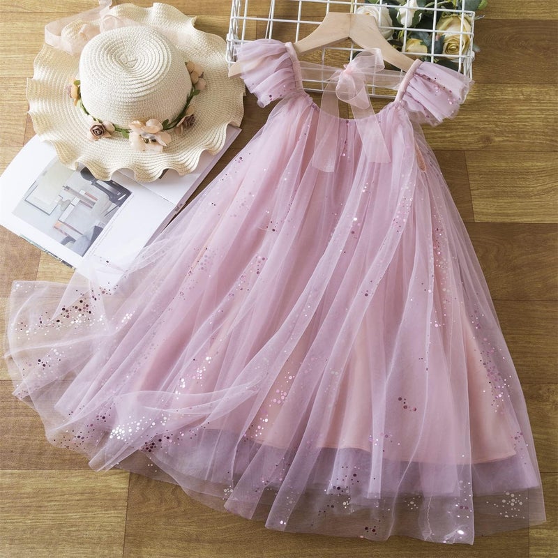 NNJXD Flower Girl Princess Dress Sparkle Dots Tulle Summer Casual Wear 1954 Pink Size(120) 4-5 Years - Image 3