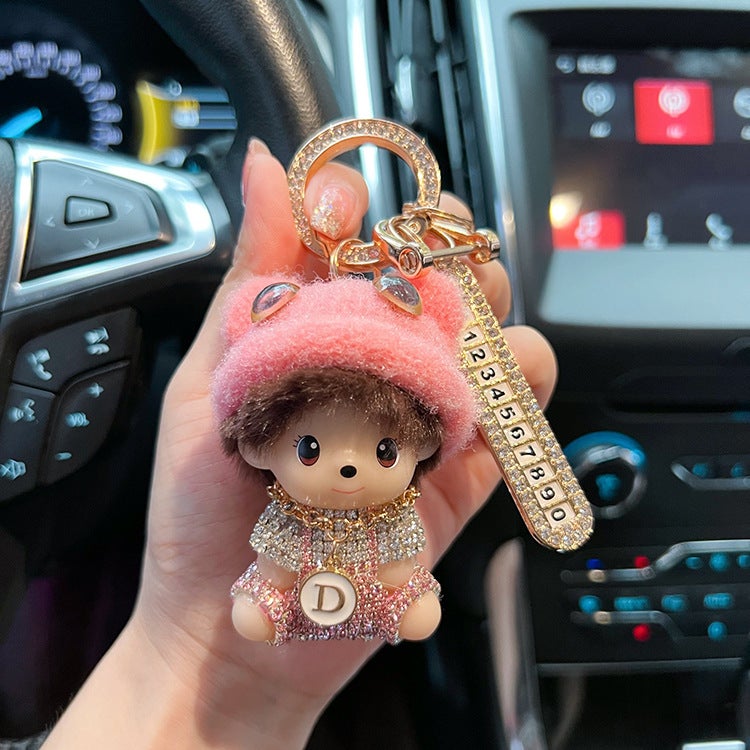 Gift box creative stick drill wool cap Qiqi key chain anti-lost mobile phone number plate car key chain fashion women Light powder + number plate + gift box 